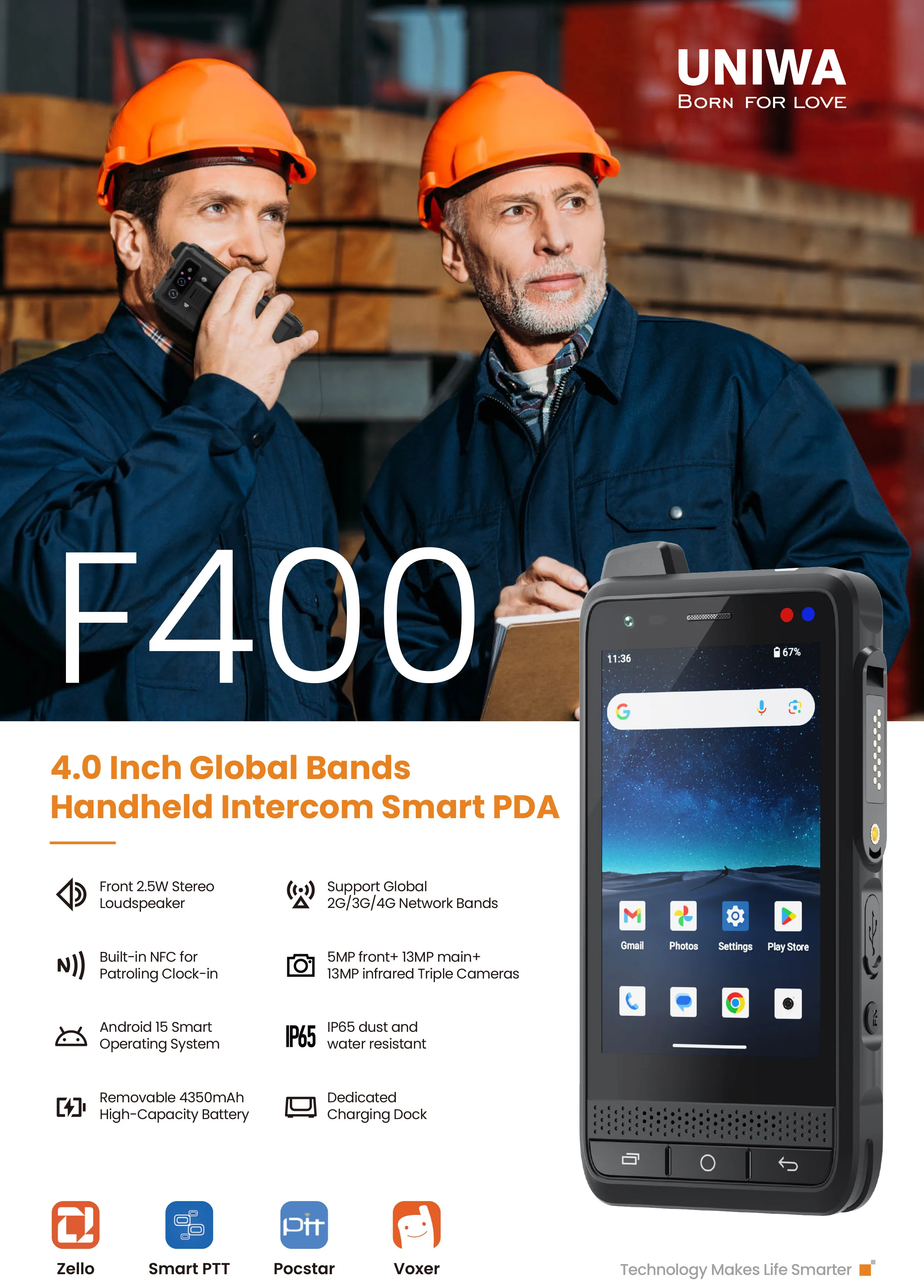 UNIWA  F400 4G Rugged Smartphone Walkie Talkie Long Range Zello PTT Communication Radio Camping Contact Device Wireless Machine