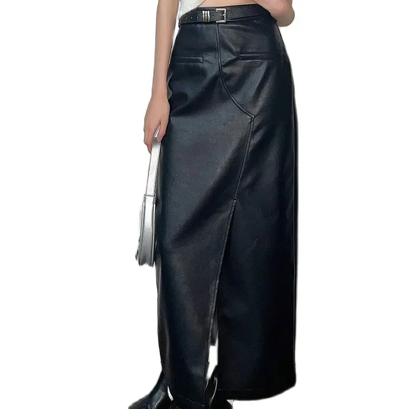 

female PU skirts split high-waisted A-Line skirts elasticated waist