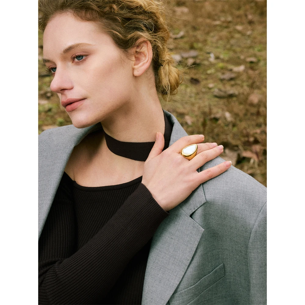 Yhpup Stainless Steel Shell Water Drop Golden Ring for Women