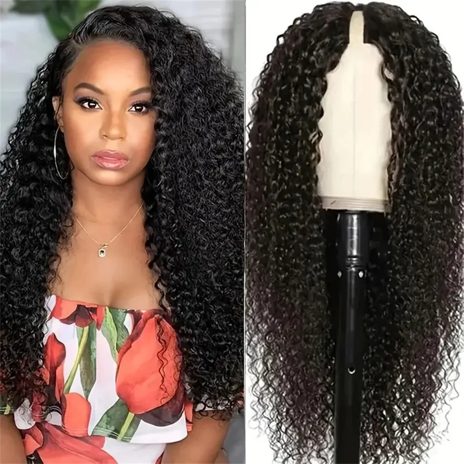 Human Hair Wigs V Part Wig Water Wave Human Hair V Shape 180% Density Natural Color Part Wig Curly 18-32 Inch Brazilian Wigs Machine Made