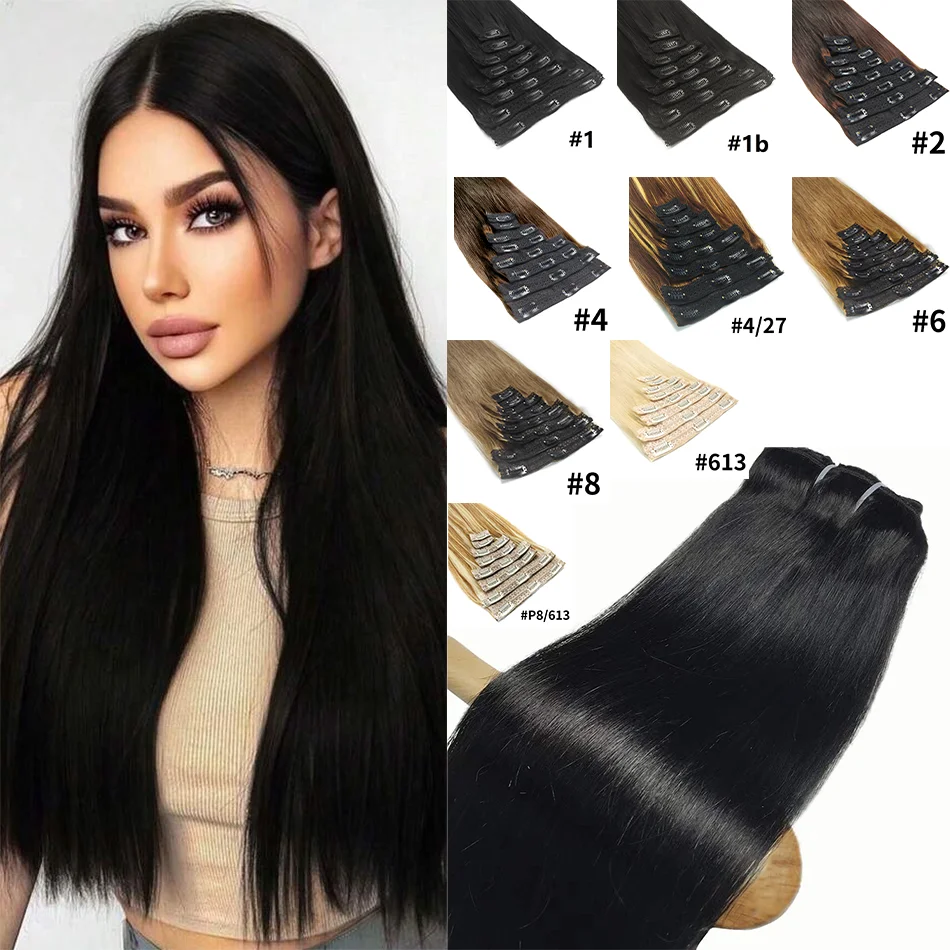 Natural Straight Clip In Hair Extensions 18 Clips 100% Real Human 12-26 Inch Color #1B Black 120g 8pcs For Salon