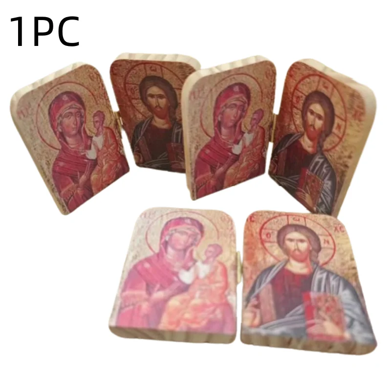 1PC Wood Christ The Teacher And Virgin Of Kazan Catholic Orthodox Icon Diptych For Travel Home Display Religious Gift Decoration