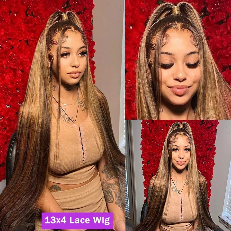 Honey Blonde Highlight Ombre 4/27 Human Hair Wigs Hd Transparent Wig Brown Colored Straight 13x4 13x6 Lace Frontal Wig
