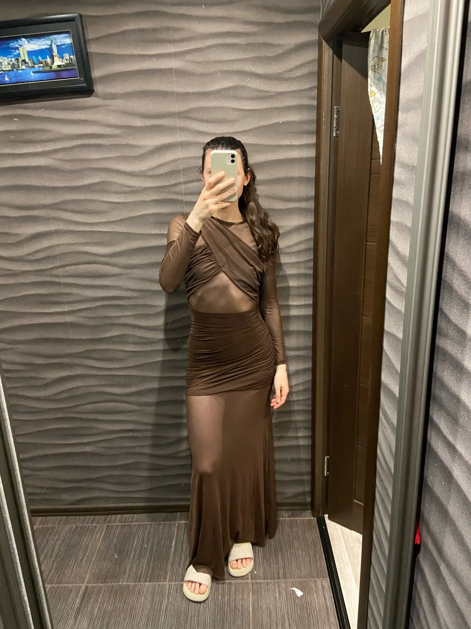 Burgundy Mesh Ruched Long Sleeve Maxi Dress Party Formal Wear photo review