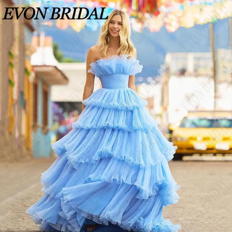 

EVON BRIDAL A-Line Strapless Prom Dresses Tulle Sleeveless Tiered Party Evening Gowns Formal Occasion Robe De Soiree Custom Made