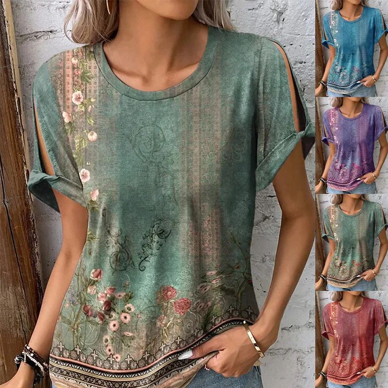 

Ethnic Floral Print Tee for Women Short Sleeve Plus Size 5XL Crewneck Sleeve Cutout Blouse Loose Cold Shoulder Tops 2024 New