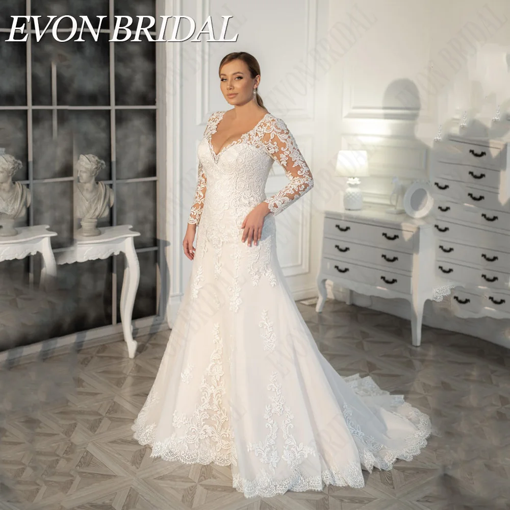 

EVON BRIDAL Exquisite Wedding Dresses Long Sleeves Mermiad Lace Applique Bride Gowns Plus Size Tulle vestidos de novia 2024