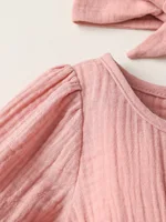 Newborn-6M Baby girl Long Sleeve Pink leisure and simplicity pure color Spring  autumn Princess dress+hair band 3