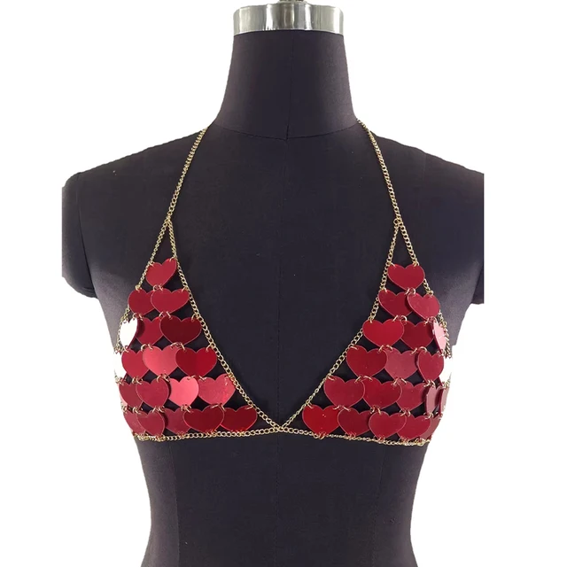 Sexy Summer Beach Body Bra Chain Red Heart Sequin Mirror Disc Bralette