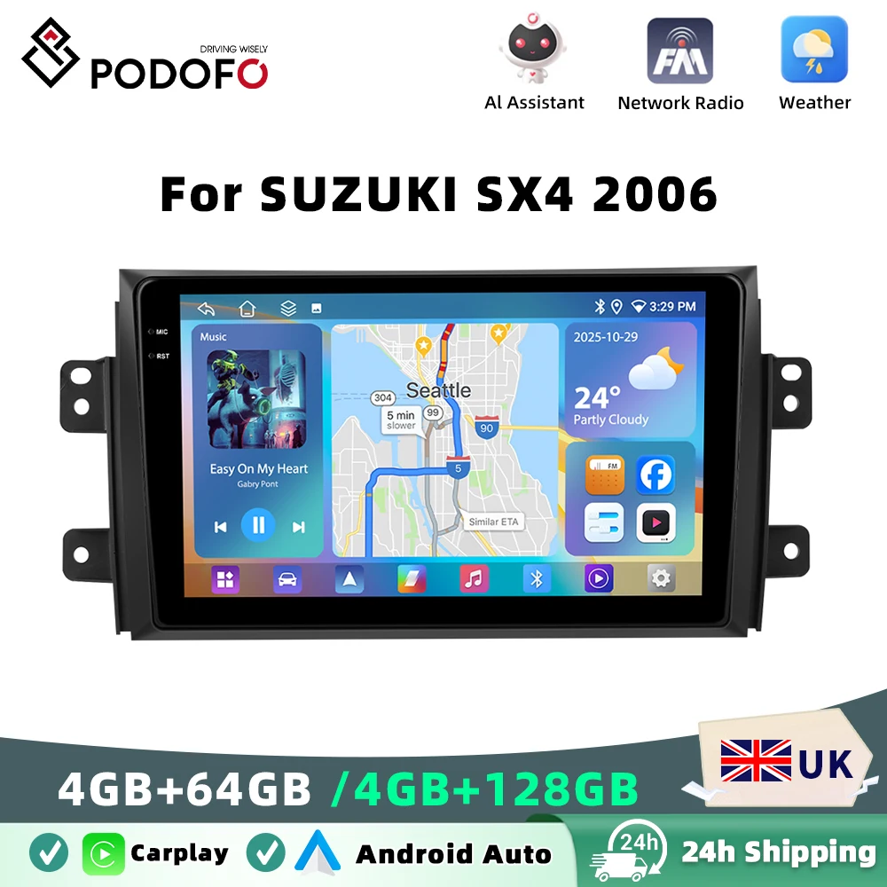 Podofo 4GB+64GB For Suzuki SX4 2006 Car Radio Wireless Carplay Android Auto Multimedia Video Player 9 Inch GPS BT WIFI FM