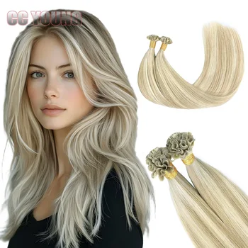 Extension per capelli a punta a U 100% capelli umani, con cheratina italiana a caldo, 50 ciocche, colore biondo chiaro.