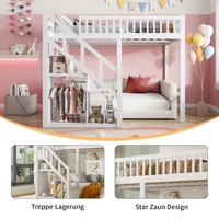 Lit double pour enfants 140x200cm, lit superposé en bois de pin avec barrières de sécurité et armoire-échelle de rangement, blanc 5