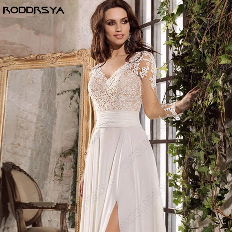 RODDRSYA Brautkleid Chiffon Seite Split Langarm Applikationen Lace Up Brautkleider Für BrautRoddrsya Brautkleid Chiffon Seite geteilt Langarm Applikationen schnüren Brautkleider für Braut rücken freie Vestidos de Novia