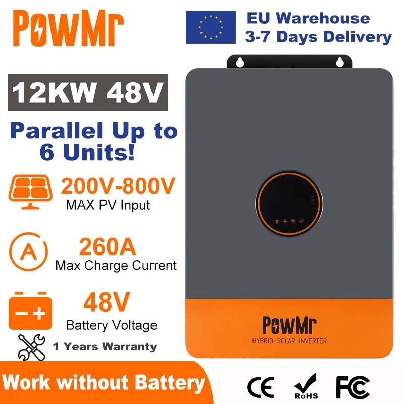 PowMr 12KW Hybrid Solar Inverter 48V 220V 3 เฟสอินเวอร์เตอร์ On Off Grid Dual MPPT เอาต์พุต MPPT 260A Charger Parallel สูงสุด 6 1