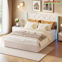 Кровать Comanlai 140x200 см с мягкой обивкой и светодиодной подсветкой, двуспальная кровать с решетчатым каркасом, гидравлический каркас кровати для хранения вещей - бархатная ткань