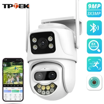 9MP 6MP Wifi Camera IP Outdoor PTZ Security Three Lens Dual-Screen Ai Humanoid Detection Auto Tracking Surveillance Camera iCSee 1