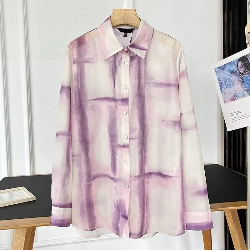 Jenny&Dave Fashion Casual Cotton Linen Shirt Tops Women Blouse Office Ladies French Vintage Tie Dye Stripe Shirts