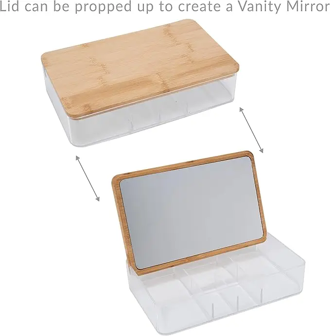 5 Compartment Organizer with Bamboo Lid and Mirror. Ideal for Jewelry, Cosmetics and Accessories. Great for Vanity 3