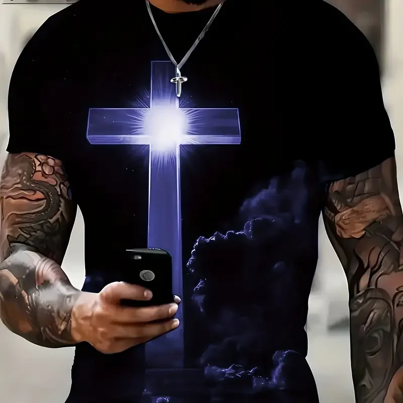 Camiseta masculina Jesus Cross estampada em 3D, Vintage, Harajuku Street Tops, T respirável, extragrande, camiseta esportiva, roupa casual 10 Ae8a4fb12bd7e4ce1aeea50bbc4cf3f56J