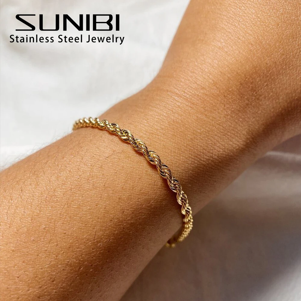 Sunibi Stainless Steel Twisted Rope Chain Bracelets For Women Lady Gold