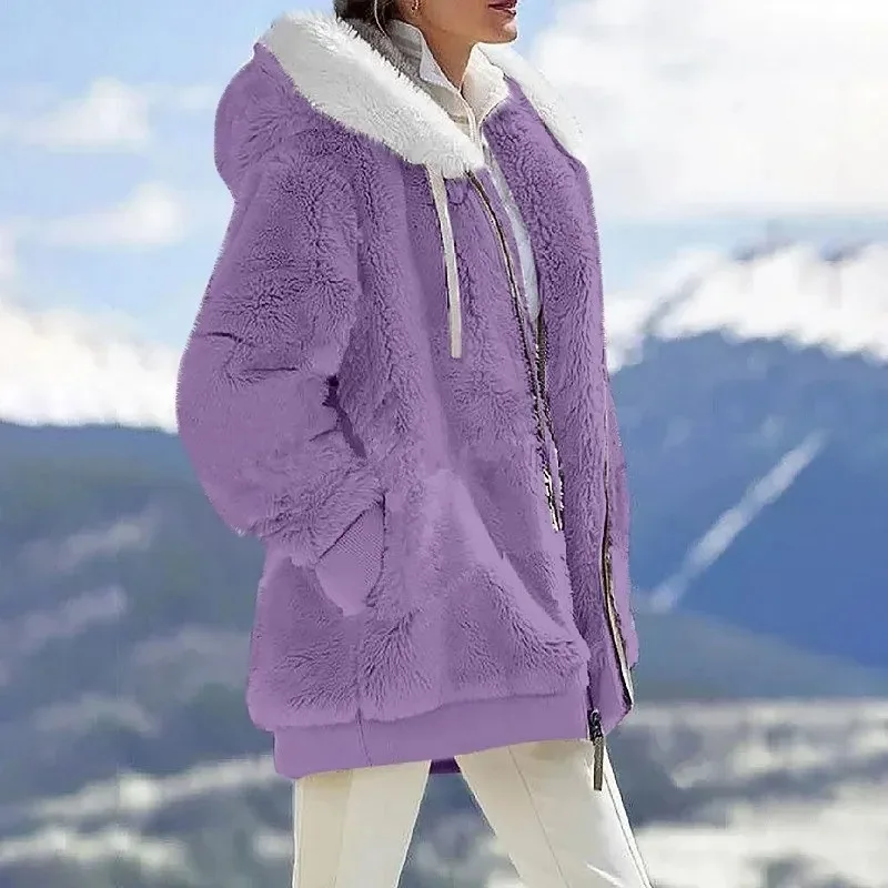 Autumn Winter Fashion Women's Coat New Casual Hooded Zipper Ladies Clothes Cashmere Women Fleece Jacket Solid Color Ladies Coats 2