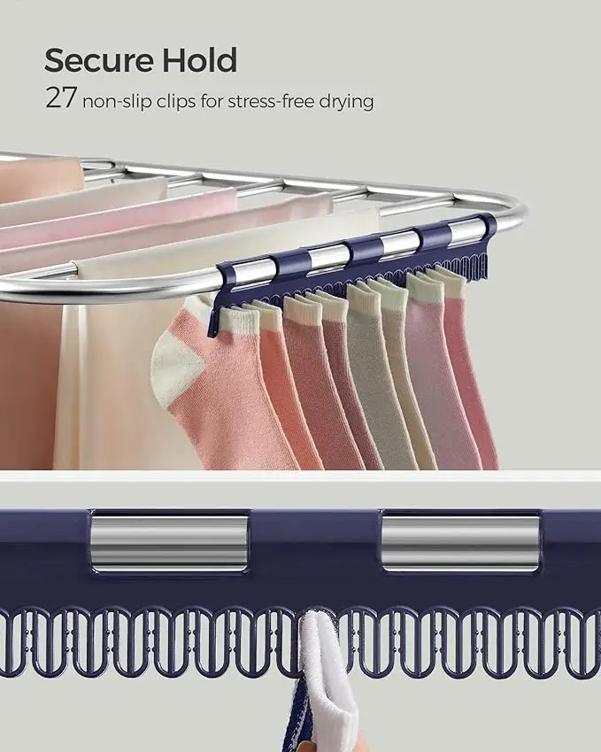 Foldable Clothes Drying Rack - Includes Sock Clips, 2 Height-Adjustable Gullwings, Silver and Blue Design, Perfect for Indoor or 5