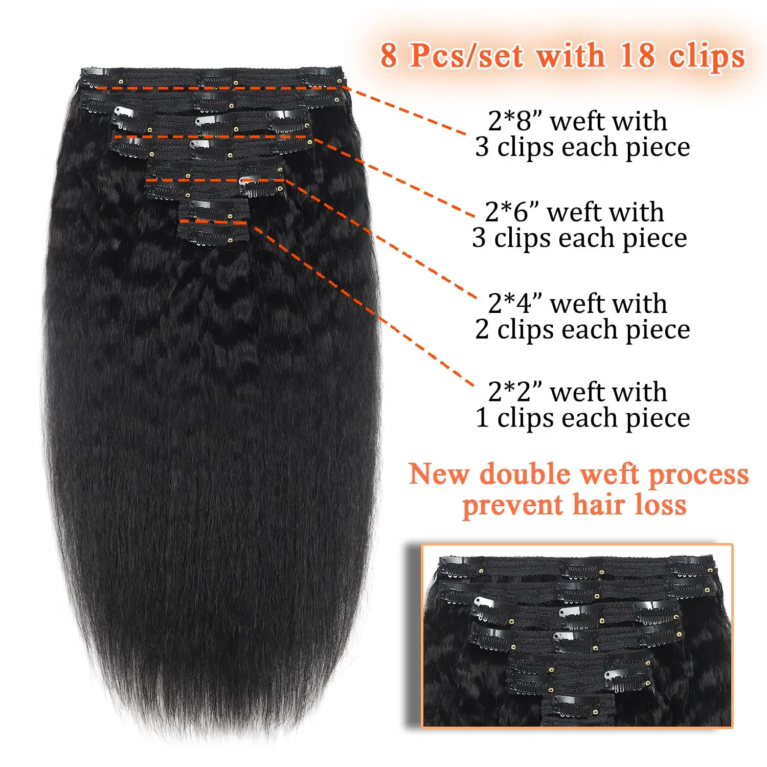 10-26 pollici Clip diritta crespa nelle estensioni dei capelli veri capelli umani nero naturale 120g Clip a testa piena Ins senza soluzione di continuità per donna