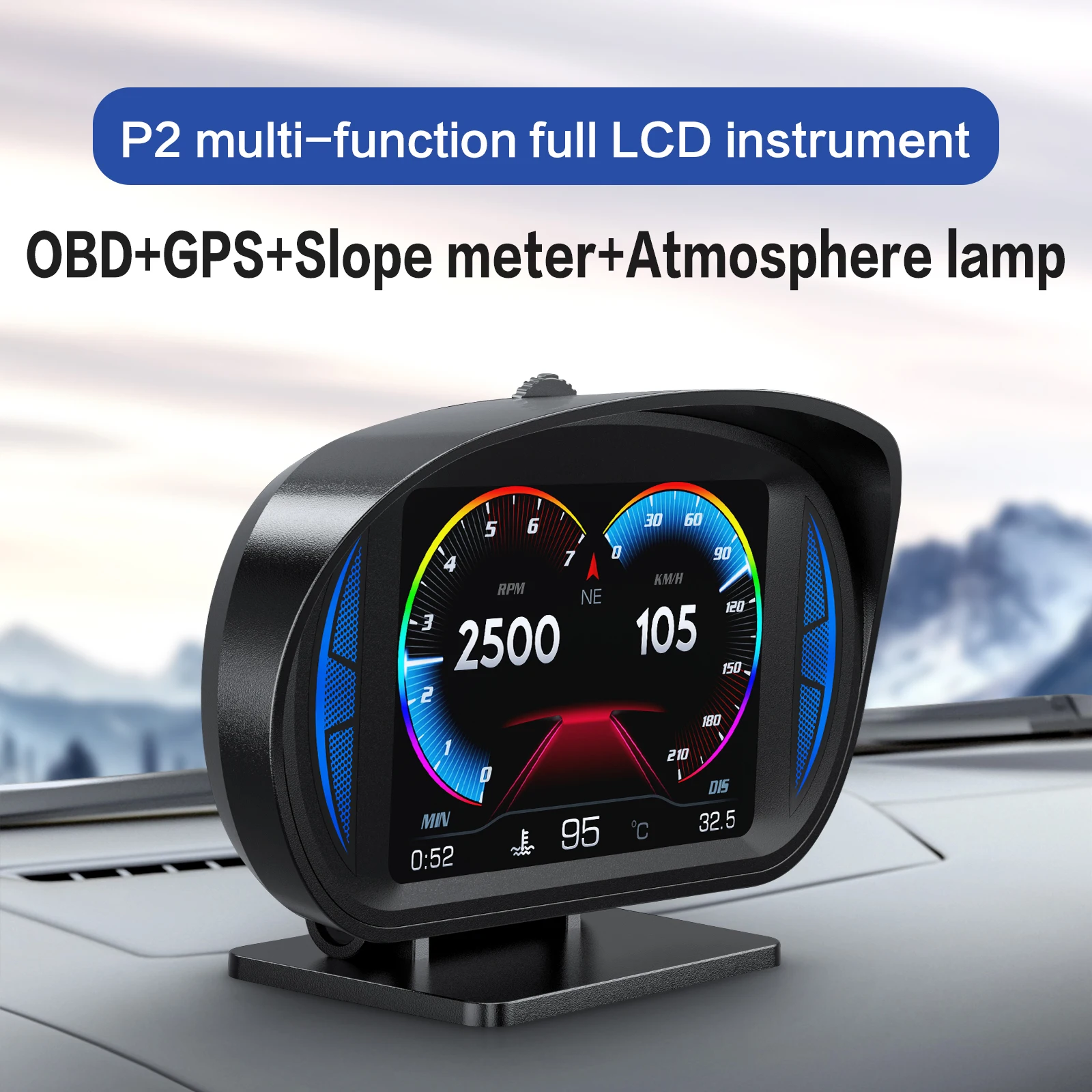 

OBD LCD Instrument Car HUD Head-up Display Vehicle Slope Meter GPS Atmosphere Lamp Multi-function Instrument