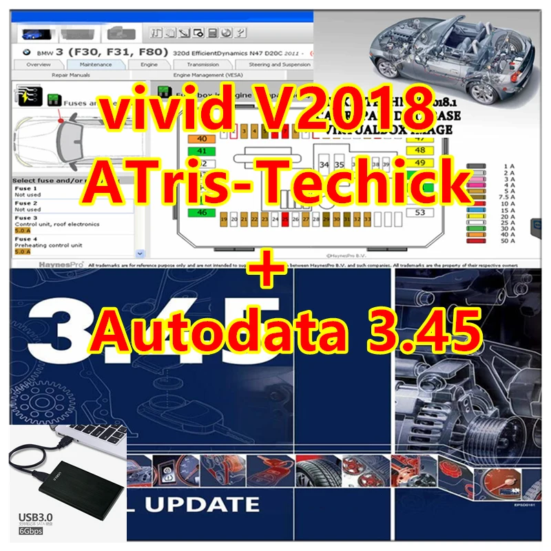 Программное обеспечение для ремонта автомобиля 2023 Vivid 2018 DATA 2018 Atris-Technik Europe, программное обеспечение для ремонта автомобиля + Программное обеспечение autodata 3,45