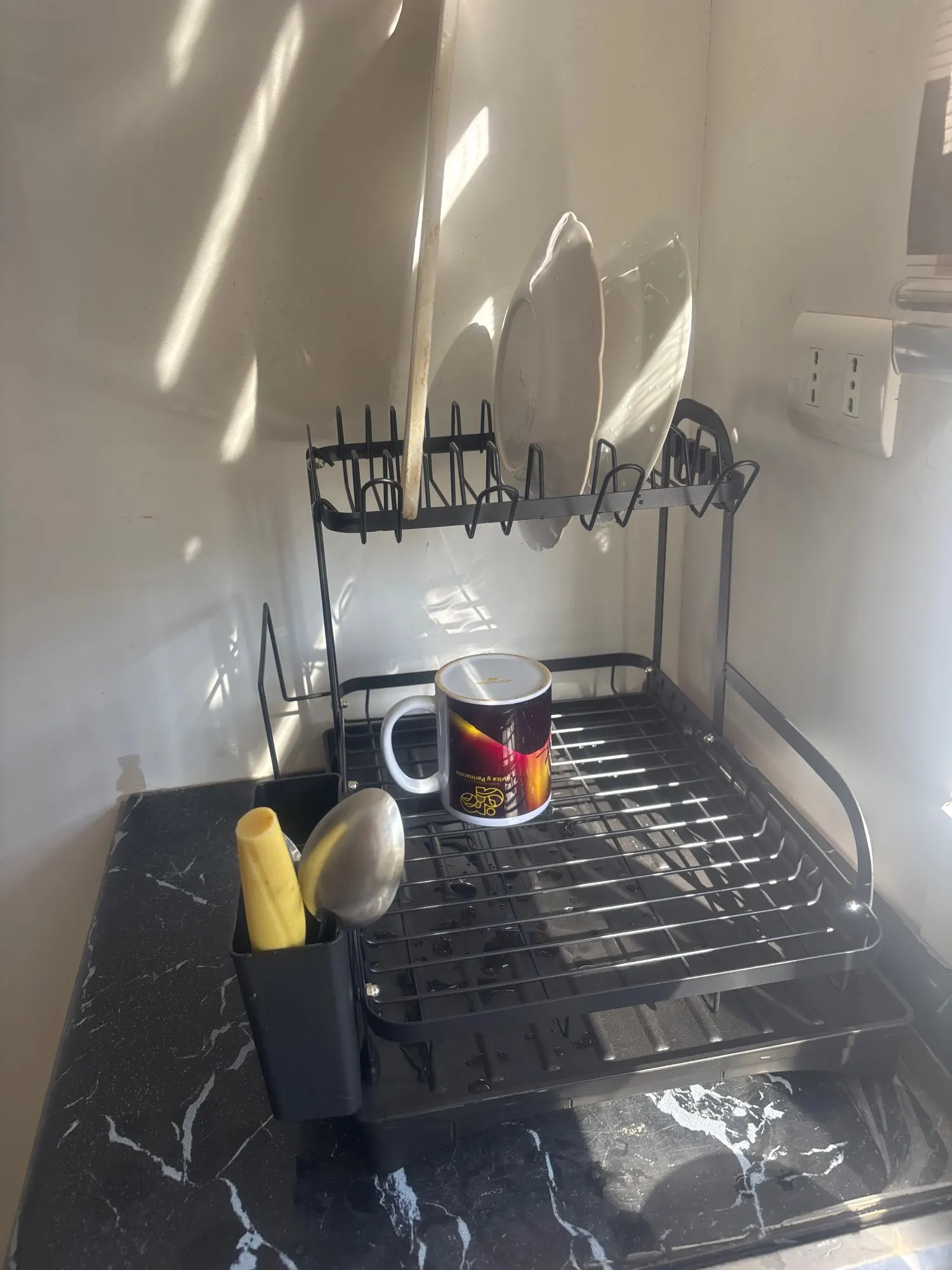 New 360° rotating storage rack double-layer kitchen tableware drying rack with drain tableware storage rack for tableware photo review