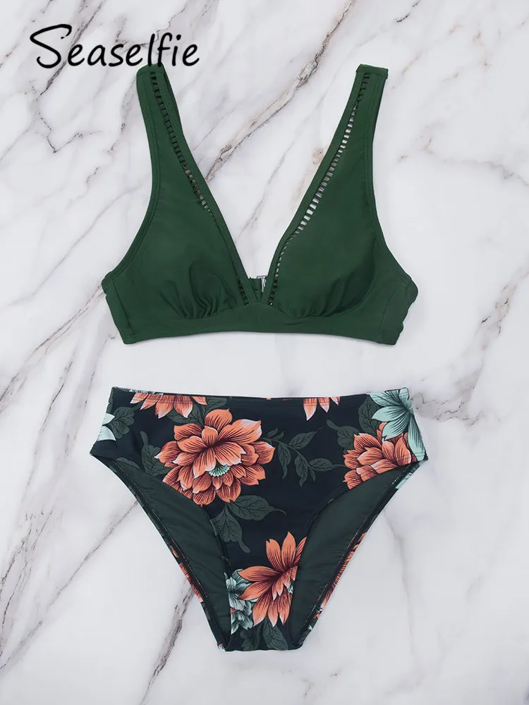 SEASELFIE Floral Plunge Back Hook Mid Waist Bikini Sets Swimsuit For Women Sexy Two Pieces Swimwear 2023 Beach Bathing Suit