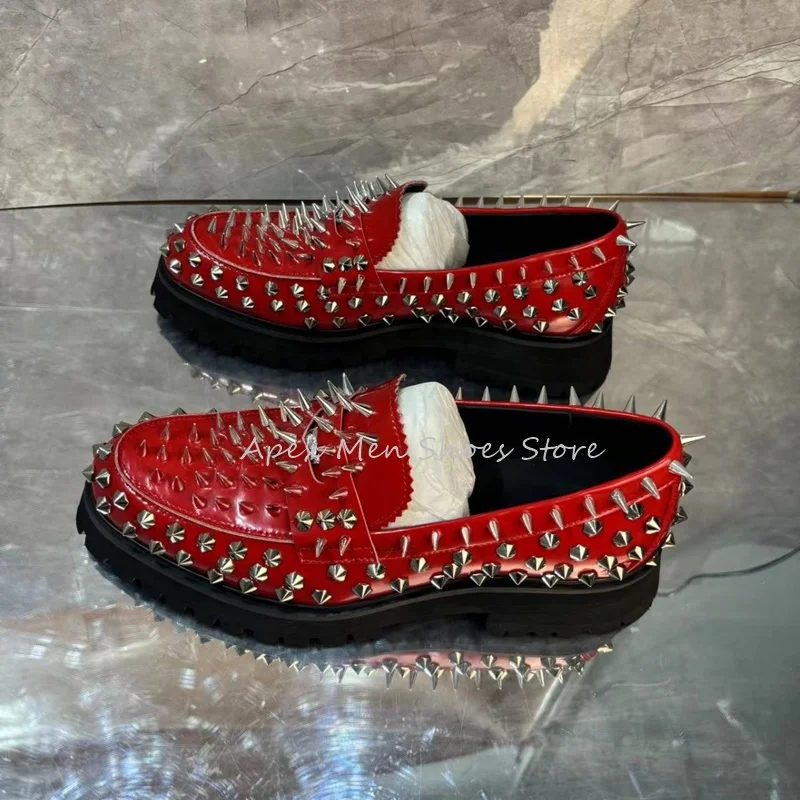 Spring Summer Red Business Casual Men's Shoes Banquet Dress Shoes Slip On Genuine Leather Oxford Rivet Design Trendy Loafers