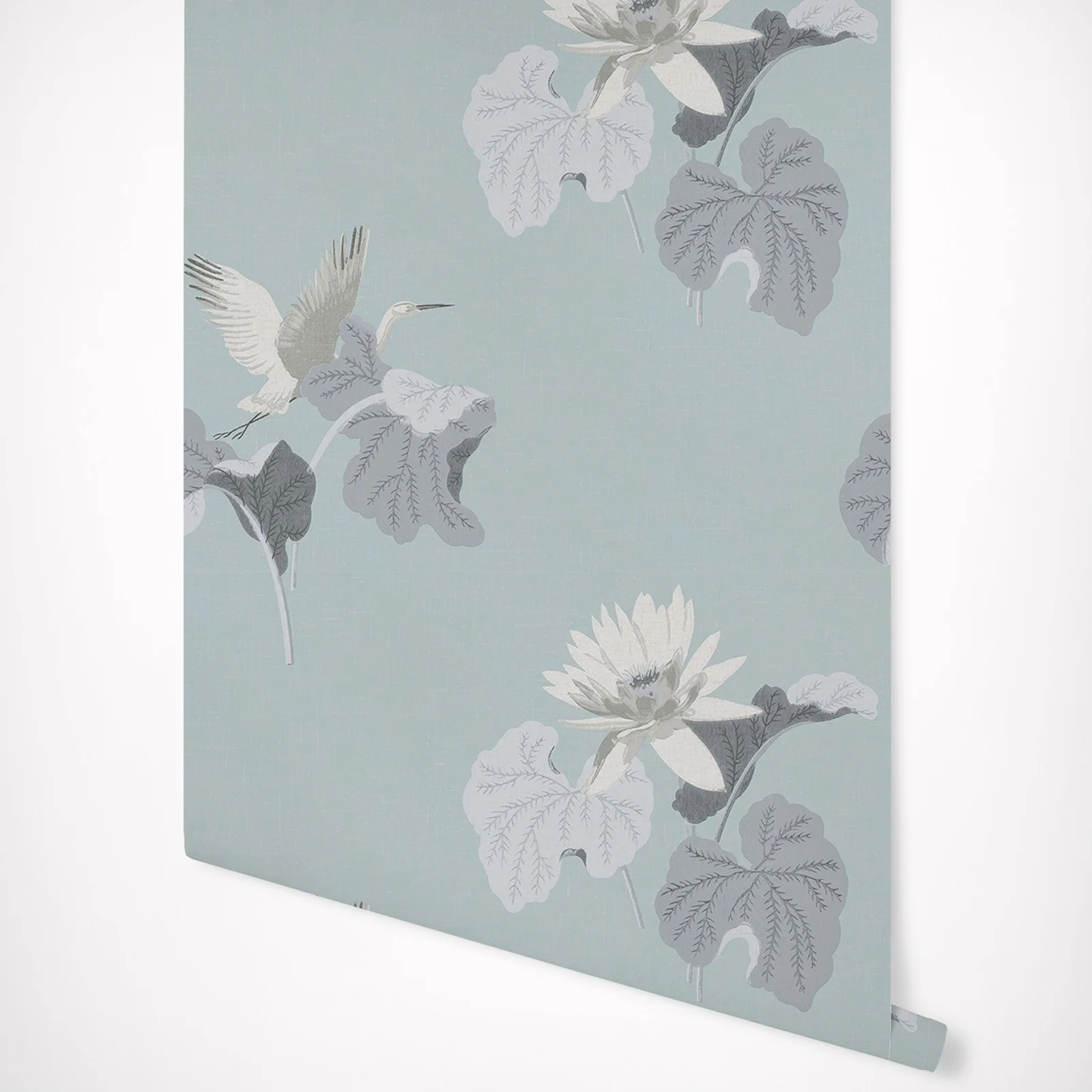 Lotus Wallpaper in Ice blue background and lemon chiffon weavings with Creamy pearl blossoms and Swan