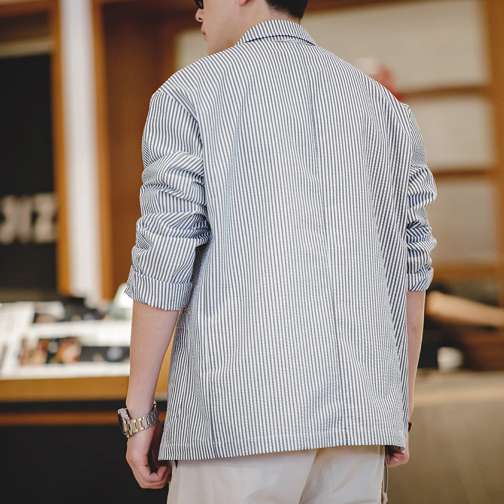 Maden New Vintage Casual Seersucker Striped Suit Jacket Cityboy Flat Lapel Loose Outwear for Men's Spring And Autumn mens blazer