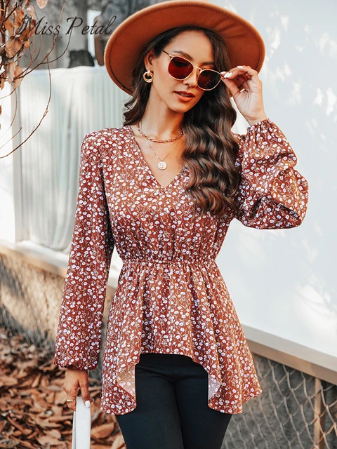 Printed V-Neck Flounce Sleeve Blouse