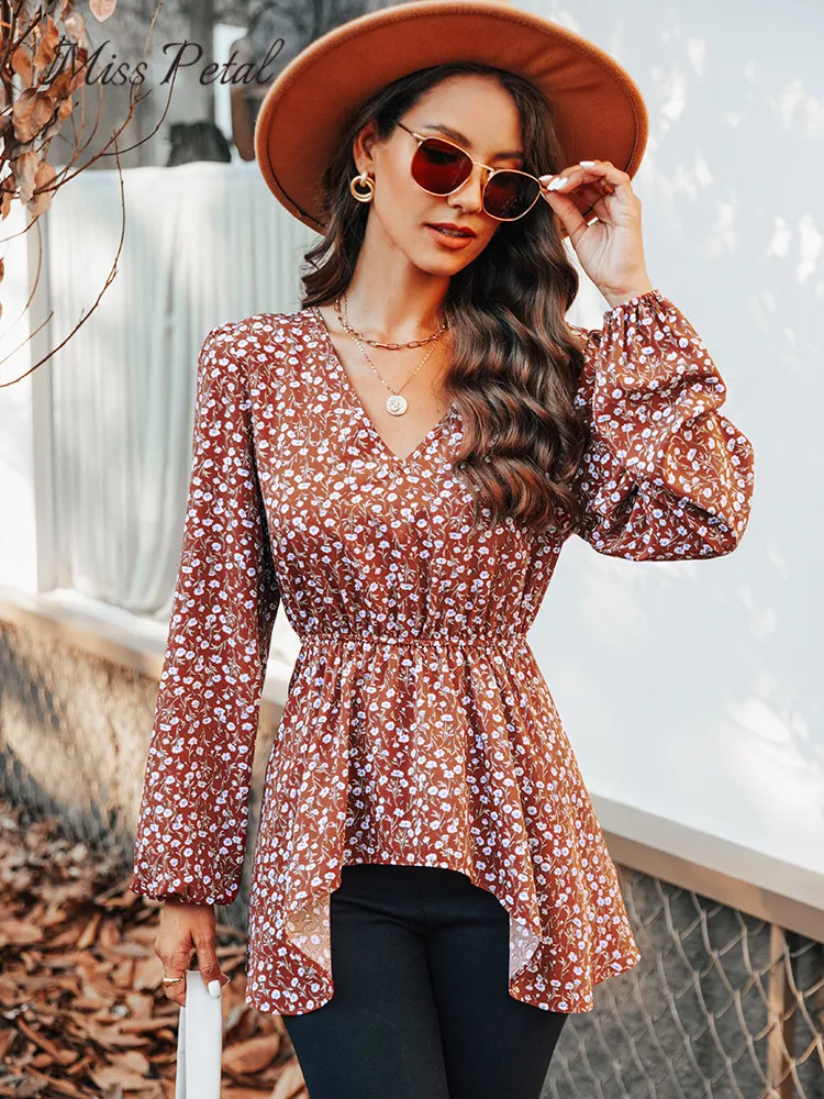 Womens Tops Ditsy Floral Print Flounce Sleeve Blouse