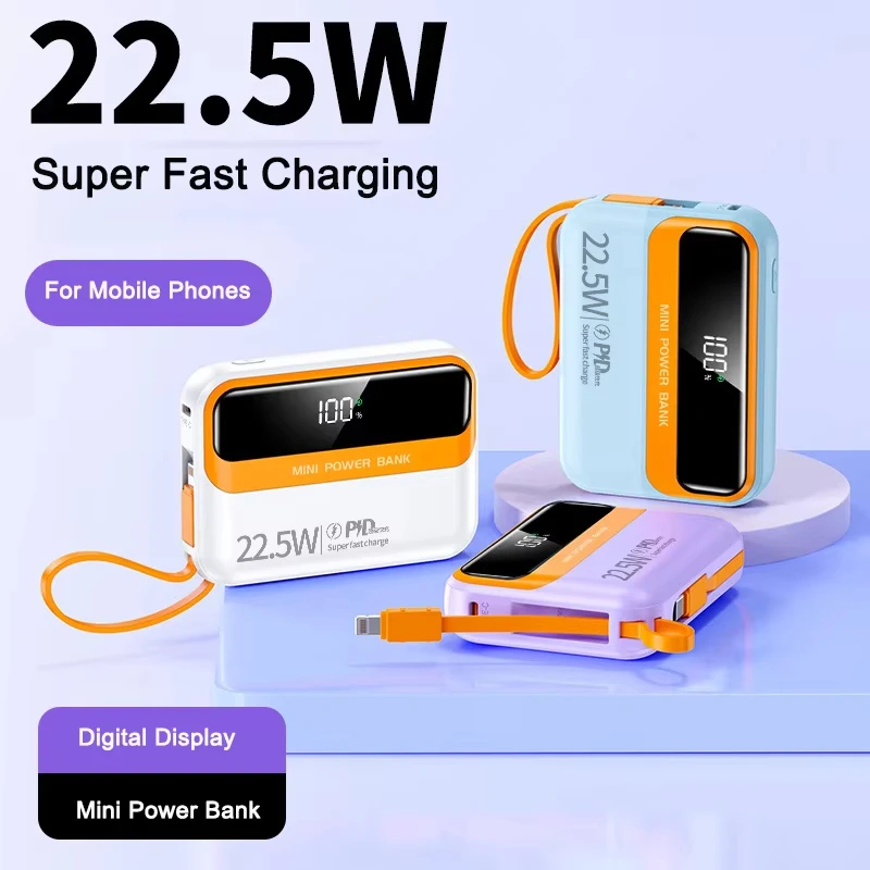 Mini Power Bank 20000mAh 22.5W Fast Charging Built in Cables Powerbank External Battery Charger for iPhone Samsung Huawei Xiaomi 2