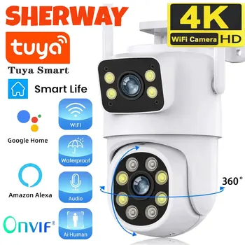 4K 8MP Tuya Dual Lens WIFI Camera PTZ Outdoor Dual Screen Ai Human Auto Tracking Security Camera Surveillance with Alexa Google 1