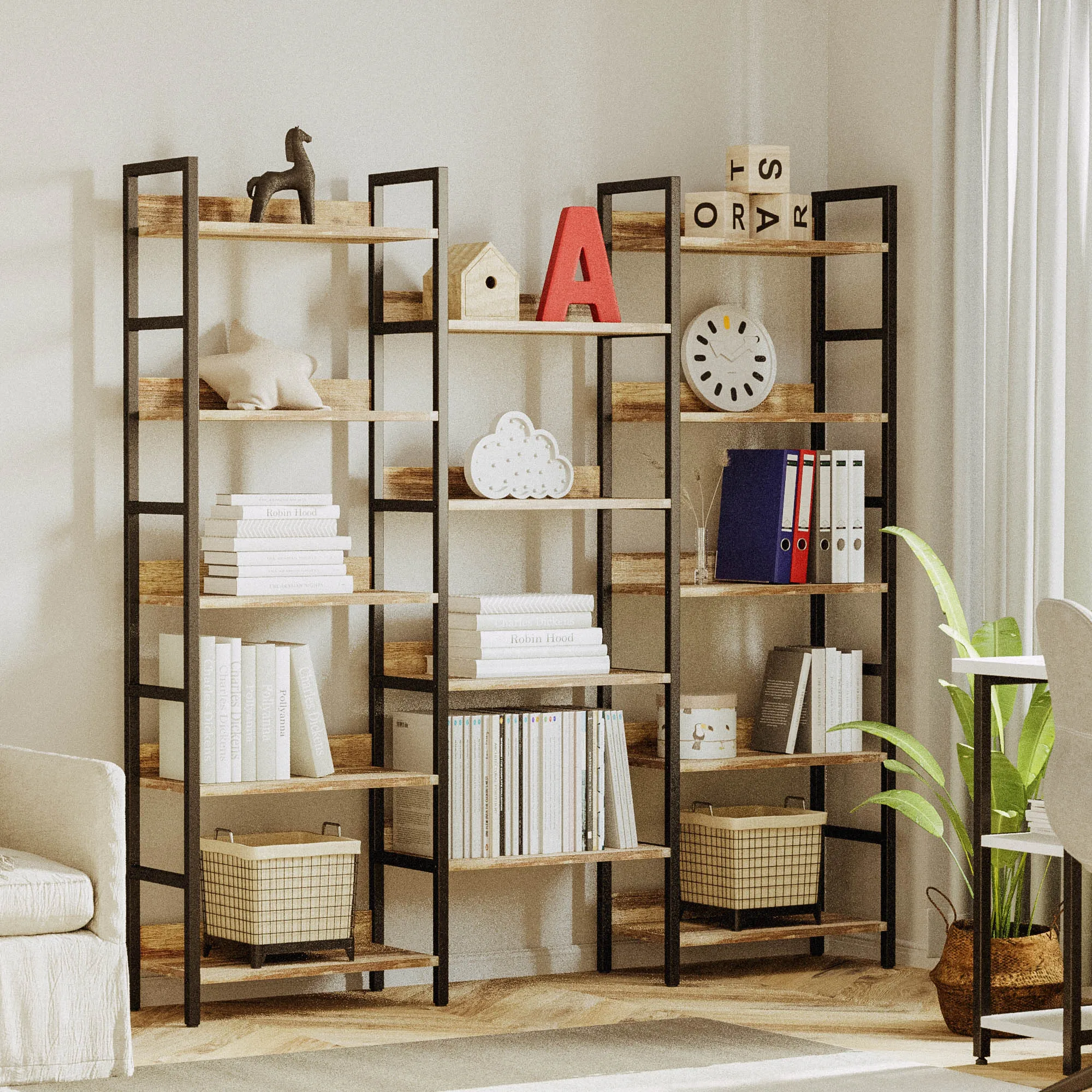 IRONCK Bookcases and Bookshelves Triple Wide 5 Tiers Industrial Bookshelf with Baffles Large Etagere Bookshelf with Metal Frame 2