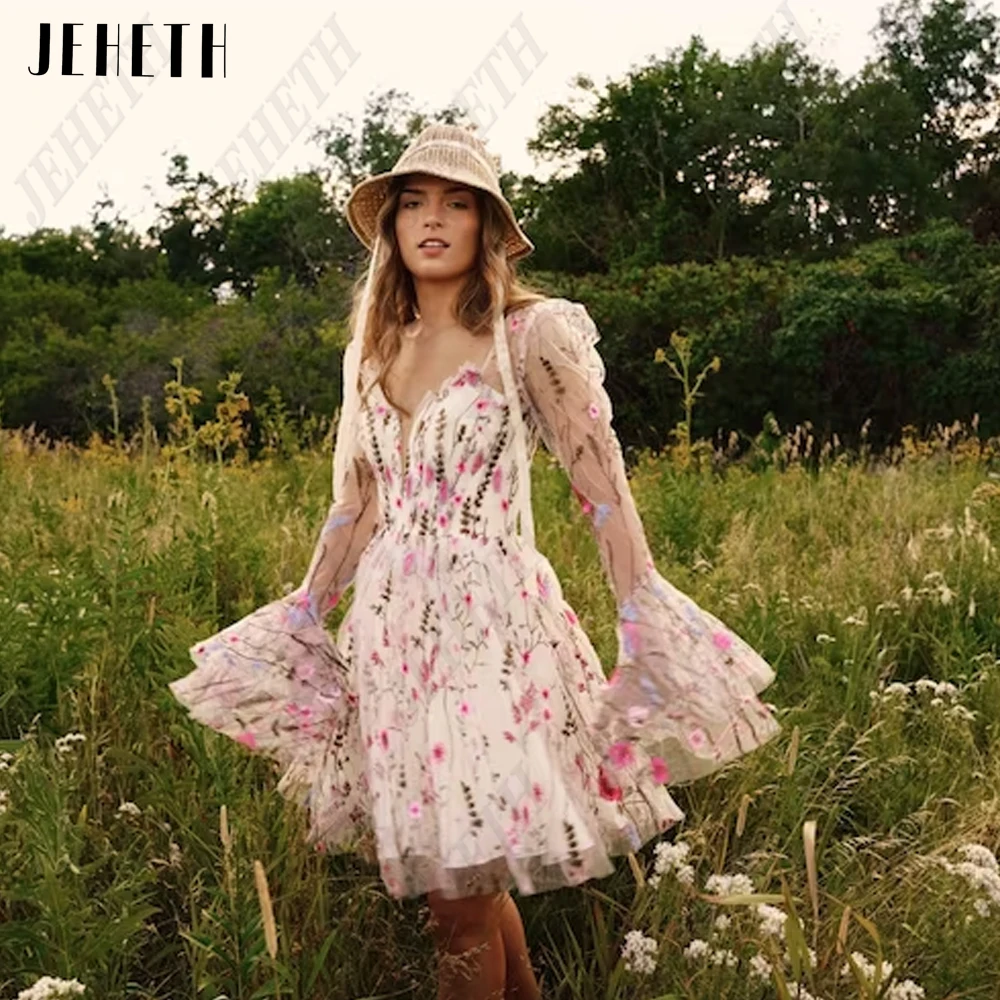 

JEHETH Prom Dresses For Women Flowers Bell Sleeves Party Formal Evening Gown Mini Homecoming Vestidos De Graduación Graduation