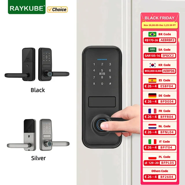 RAYKUBE P13 Tuya BLE สมาร์ท Biometric ลายนิ้วมือประตูล็อคประตูล็อคอิเล็กทรอนิกส์ Tuya App ชุดลายนิ้วมือ/รหัสผ่าน/การ์ดปลดล็อค 1