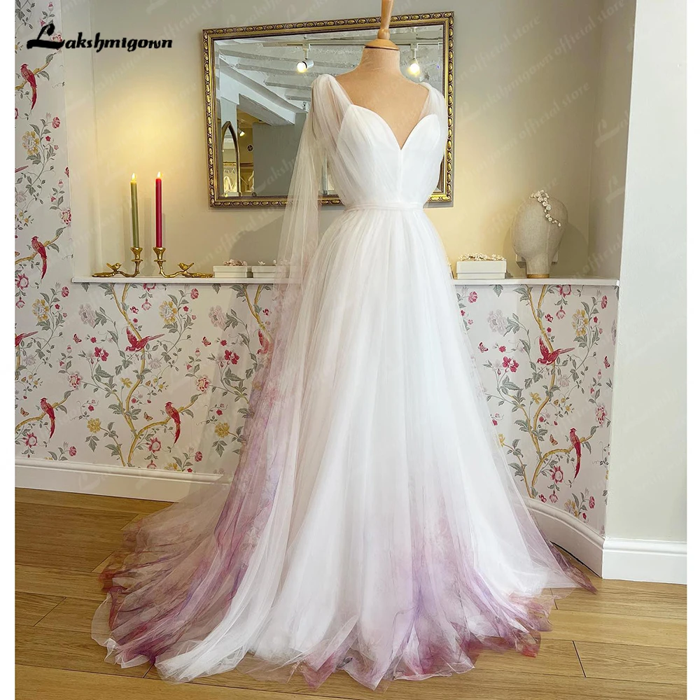 Lakshmigown Print Flower Garden Tulle Wedding Dress with Cape Women Sleeveless A Line V Neck Wedding Gowns for Bridal 2