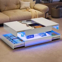 Table basse Superaly avec éclairage LED, table de salon avec 2 tiroirs et espace de rangement dissimulé, table d'appoint, finition brillante, pour salon, bureau, blanc 1