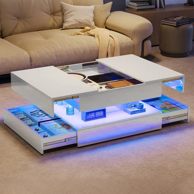 Table basse Superaly avec éclairage LED, table de salon avec 2 tiroirs et espace de rangement dissimulé, table d'appoint, finition brillante, pour salon, bureau, blanc 1