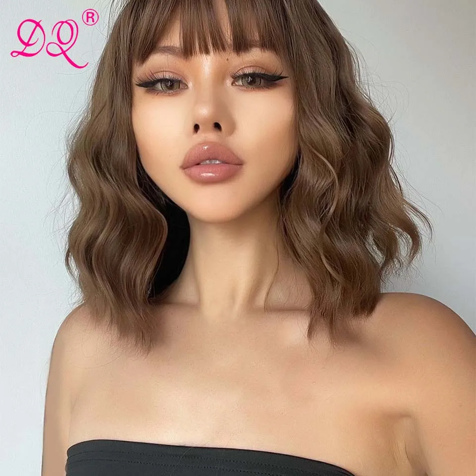 

Wavy Hair Short Bob Wig With Bangs Synthetic Wigs For Women Heat Resistant Fiber Purple Pink Ombre Wigs Cosplay Party