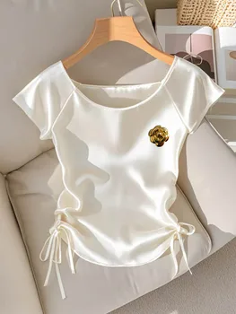 Chic Luxury White Satin Shirt Gold Flower Brooch Detail Drawstring Side Ruched Casual Summer Blouse 1
