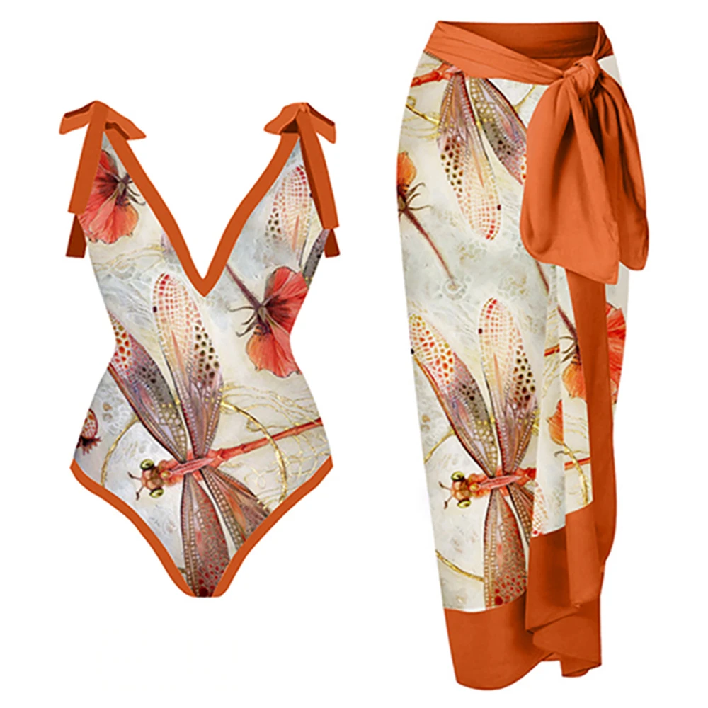 Women One Piece Swimsuit With Skirt Orange Print Female Retro Swimwear