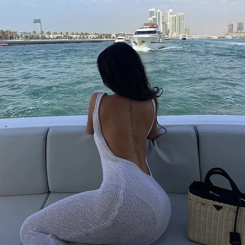 Women's Sexy Backless Sequined Knit Bikini Cover-Up Long Bandage Beach Dress Crochet Swimwear Sarong Female Coverups 3