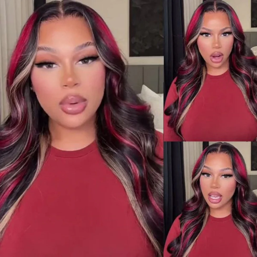 Black with Red Blonde Highlights Wig Synthetic 13x4 Lace Front Wigs Red And Blonde Loose Wave Wig Lace Frontal Wig For Women - Image 4