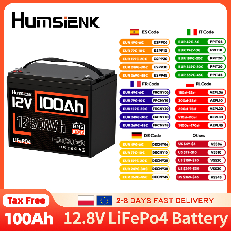 HumsiENK 12V 100Ah LiFePO4 Battery Built-in 100A BMS 8000 Cycle For RV/Trolling Motor/Golf Cart/Camping/2-year warranty/UL 1973